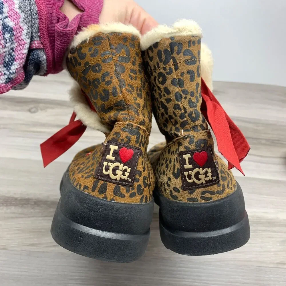 UGG‎ I Love Ugg Leopard Print Boots Size 6 Womens Pull On Red Ribbon